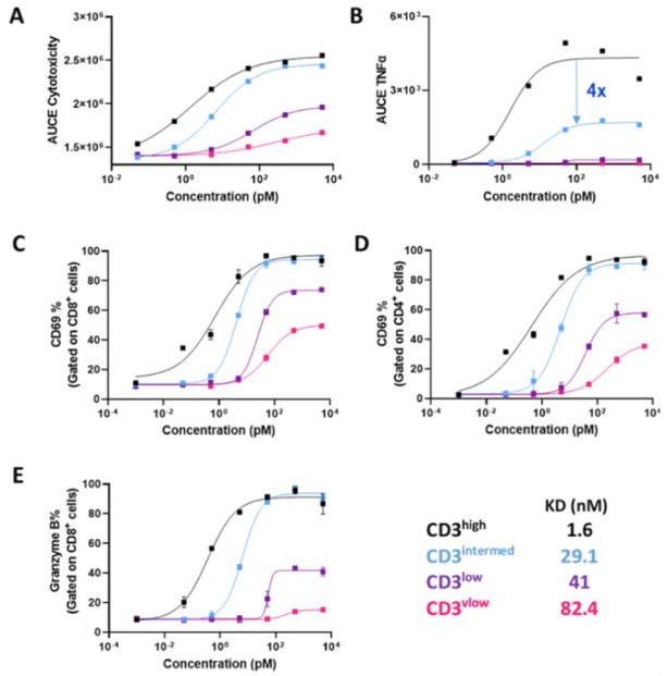 中等亲和力CD3 臂（CD3intermed）相比高亲和力CD3臂（CD3high）展现出更优的体外特征